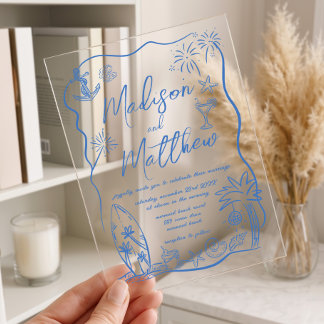 Hand Drawn Illustrations Doodles Beach Wedding Acrylic Invitations