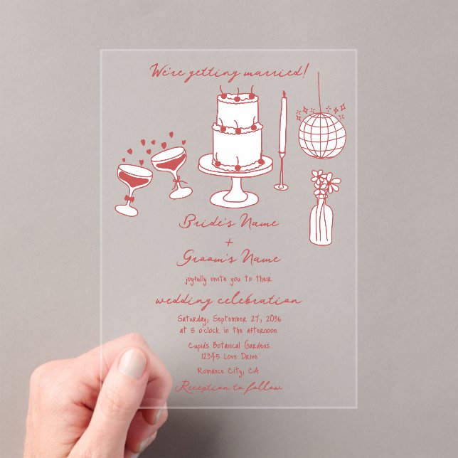 Hand Drawn Illustrations Doodles Maroon Wedding Acrylic Invitations (Insitu (Handheld))