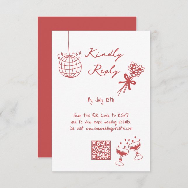 Hand Drawn Illustrations Doodles Maroon Wedding Enclosure Card (Front/Back)