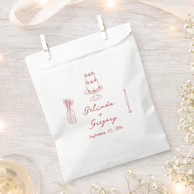 Hand Drawn Illustrations Doodles Maroon Wedding Favor Bag (Clipped)