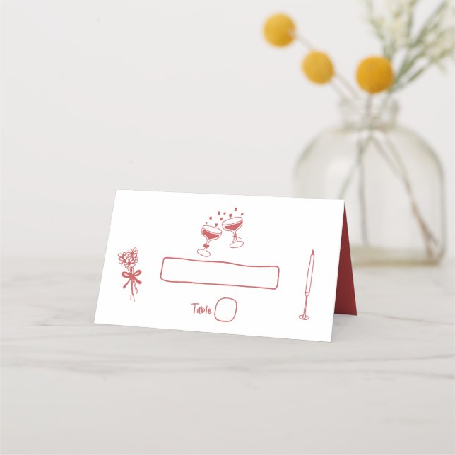 Hand Drawn Illustrations Doodles Maroon Wedding Place Card (Front)