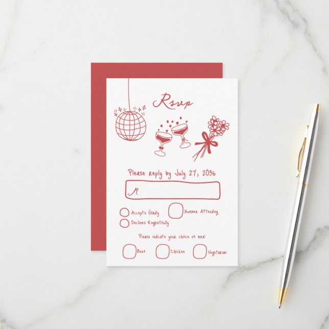 Hand Drawn Illustrations Doodles Maroon Wedding RSVP Card (Front/Back In Situ)