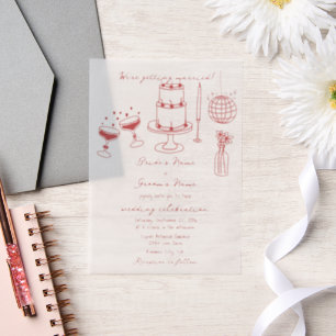 Hand Drawn Illustrations Doodles Maroon Wedding Vellum Invitations