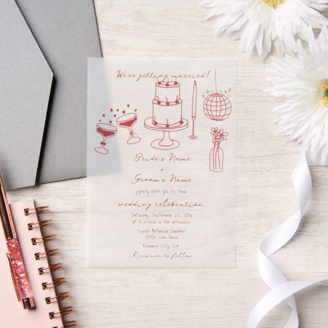 Hand Drawn Illustrations Doodles Maroon Wedding Vellum Invitations (Wedding)