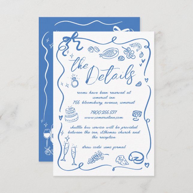 Hand Drawn Illustrations Doodles Wedding Details Enclosure Card (Front/Back)