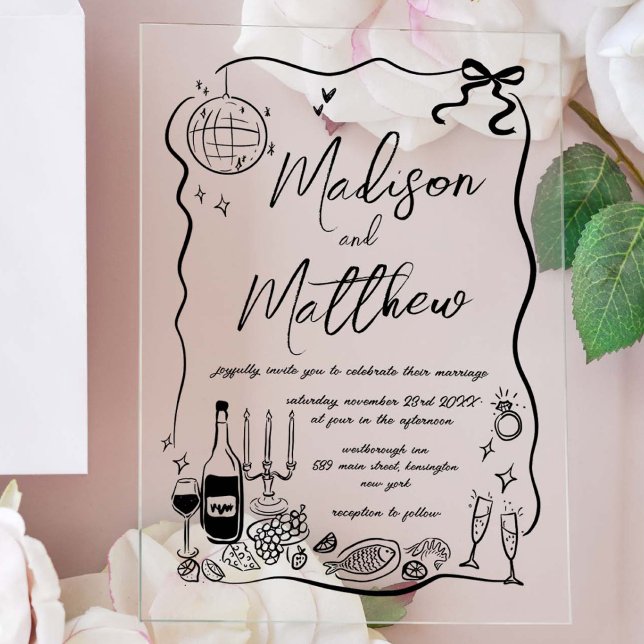 Hand Drawn Illustrations Doodles Wedding Party Acrylic Invitations (Creator Uploaded)