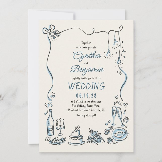 Hand Drawn Illustrations Doodles Whimsical Wedding Invitation (Front)