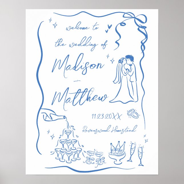 Hand Drawn Illustrations Drawings Wedding Welcome Poster (Front)
