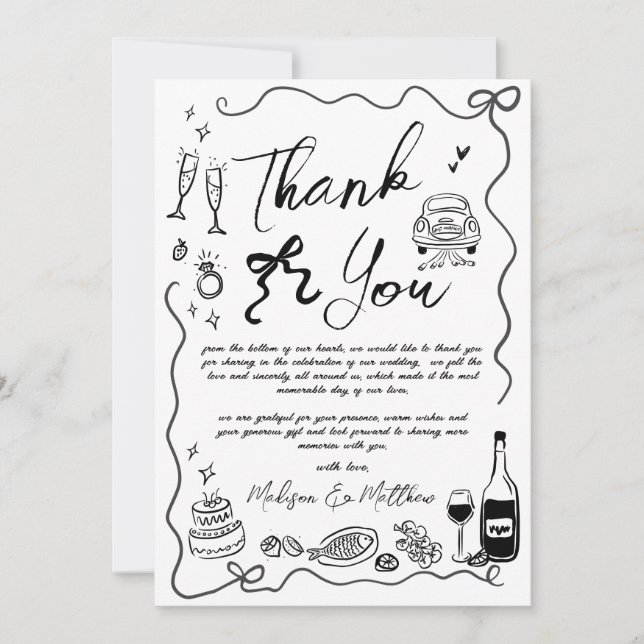 Hand Drawn Illustrations Quirky Doodles Wedding  Thank You Card (Front)