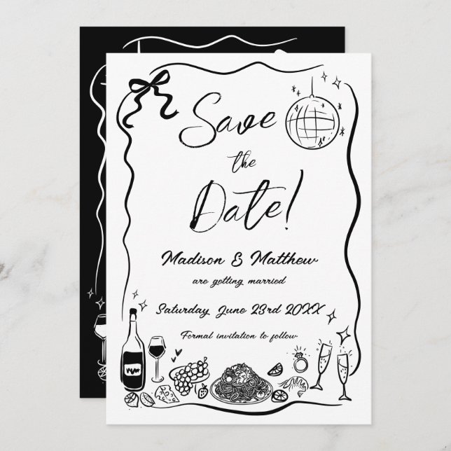Hand Drawn Illustrations Scribble Doodles Wedding  Save The Date (Front/Back)