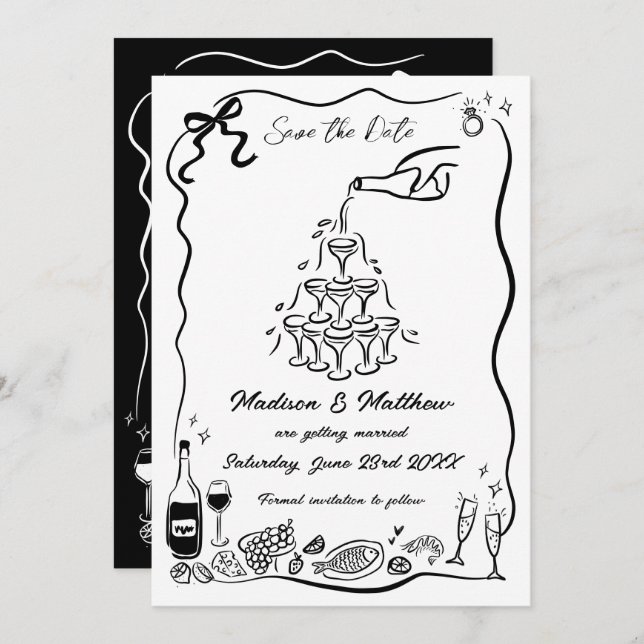 Hand Drawn Illustrations Scribble Doodles Wedding Save The Date (Front/Back)