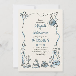 Hand Drawn Illustrations Whimsical Retro Wedding Invitation