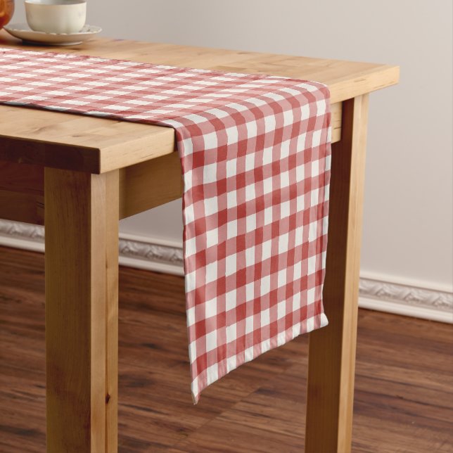 Hand Drawn Imperfect Plaid Farmhouse Dark Red Short Table Runner (In Situ)