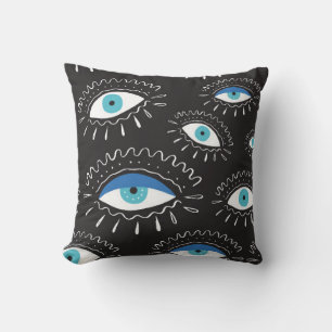 Hand drawn indian aztec tribal eye with feathers f throw pillow