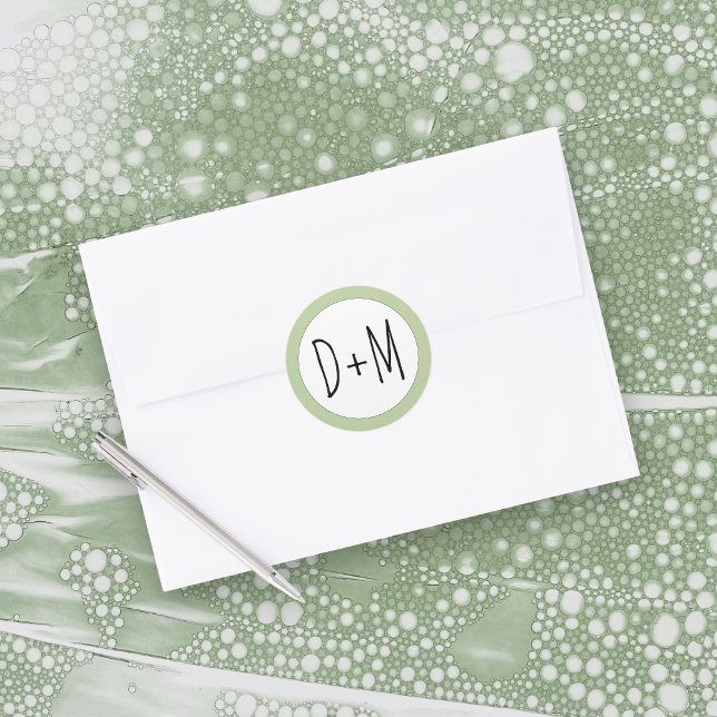 Hand drawn initials typography sage green wedding classic round sticker (Creator Uploaded)