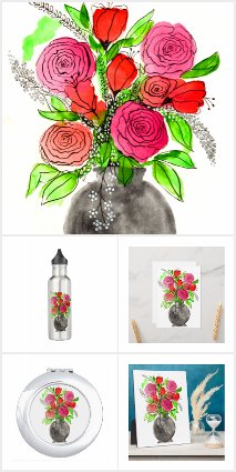 Hand Drawn Ink Doodle Pink & Red Watercolor Floral