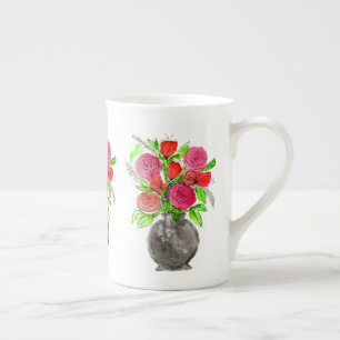 Hand drawn Ink Doodle Pink & Red Watercolor Floral Bone China Mug