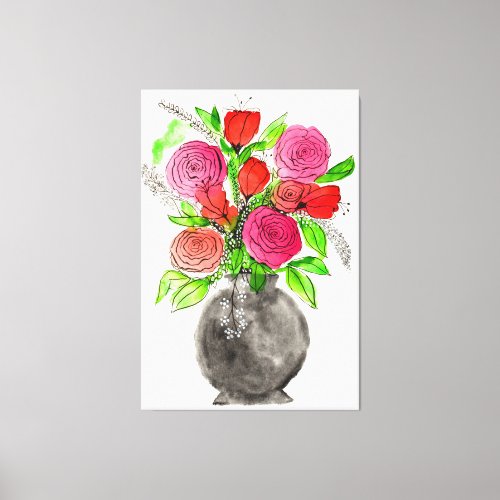 Hand drawn Ink Doodle Pink  Red Watercolor Floral Canvas Print