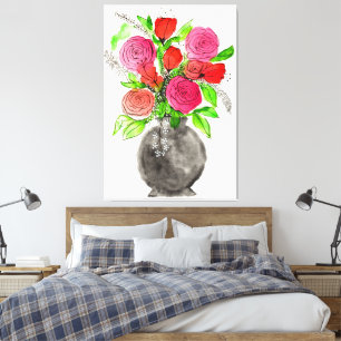 Hand drawn Ink Doodle Pink & Red Watercolor Floral Canvas Print