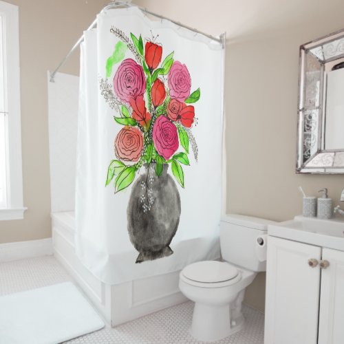 Hand drawn Ink Doodle Pink  Red Watercolor Floral Shower Curtain