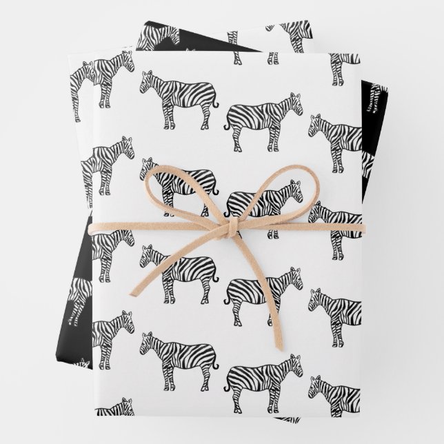 Hand-Drawn Ink Zebra Safari Wildlife Animal Wrapping Paper Sheets (In situ)