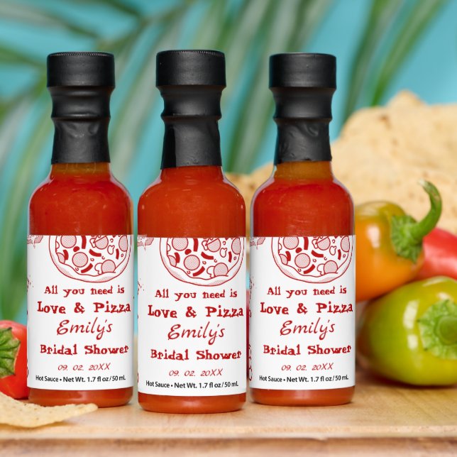 Hand Drawn is love & Pizza Bridal Shower Hot Sauces (Multi)