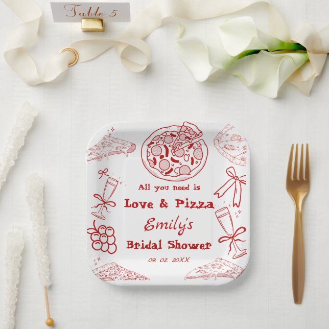 Hand Drawn is love & Pizza Bridal Shower Paper Plates (Wedding)