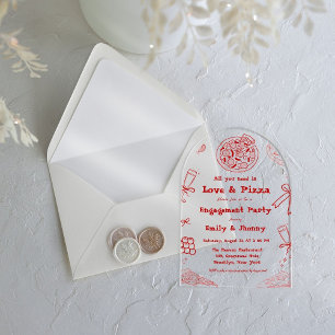 Hand Drawn is love & Pizza Engagement Party Acrylic Invitations