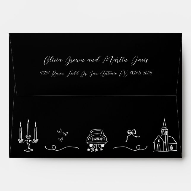 Hand drawn Italian Doodle Black and White Wedding Envelope (Back (Top Flap))