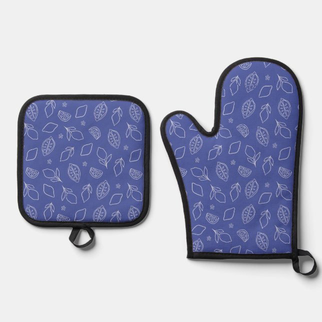 Hand Drawn Italian Lemons Blue Background  Oven Mitt & Pot Holder Set (Front)
