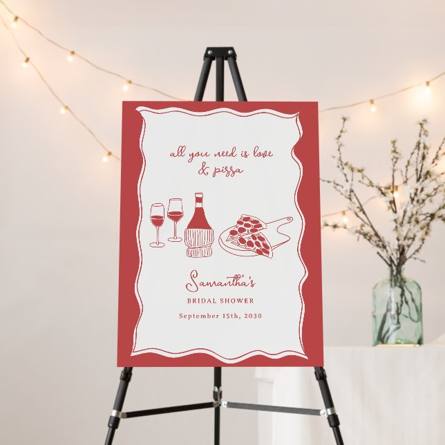 Hand Drawn Italian Pizza Wine Bridal Shower Sign (In Situ (Stand))