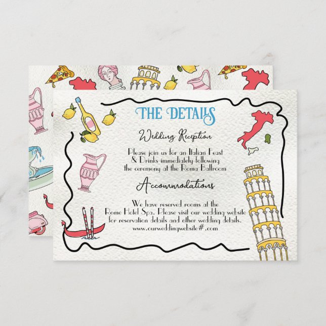 Hand Drawn Italian Rome Details & Info Invitation (Front/Back)