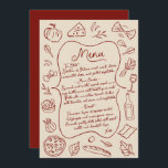 Hand Drawn Italian Wedding Menu<br><div class="desc">Enhance your wedding reception with this rustic red and cream illustrated menu card. Featuring hand-drawn food icons and a classic design, this customizable menu card adds a charming touch to your special day. Perfect for showcasing your carefully curated menu, this card is both elegant and functional, making it a beautiful...</div>