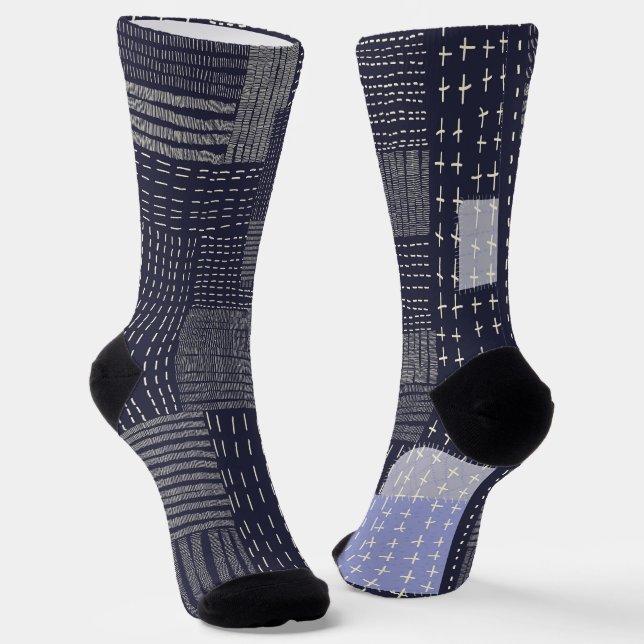 Hand Drawn Japanese Sashiko Resembling Pattern Socks (Angled)