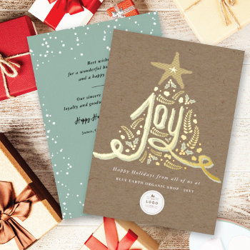 Hand Drawn Joy Calligraphy Rustic Foliage Business Foil Holiday Card by fat_fa_tin at Zazzle
