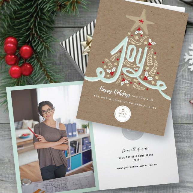 Hand Drawn Joy Calligraphy Rustic Foliage Business Holiday Card (Creator Uploaded)