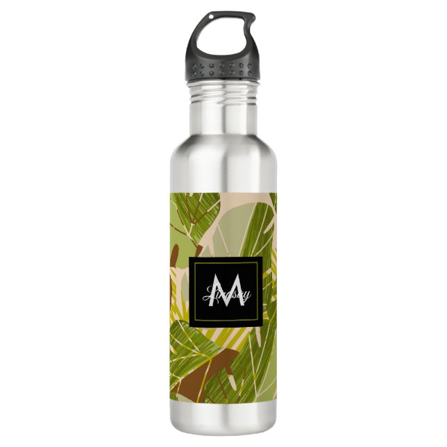 Hand Drawn Jungle Greenery Brown Leaf  Stainless Steel Water Bottle (Front)