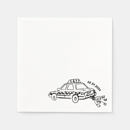 Hand Drawn Just married taxi Cocktail Wedding  Napkins