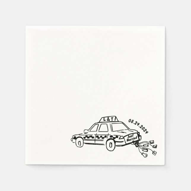 Hand Drawn Just married taxi Cocktail Wedding  Napkins (Front)