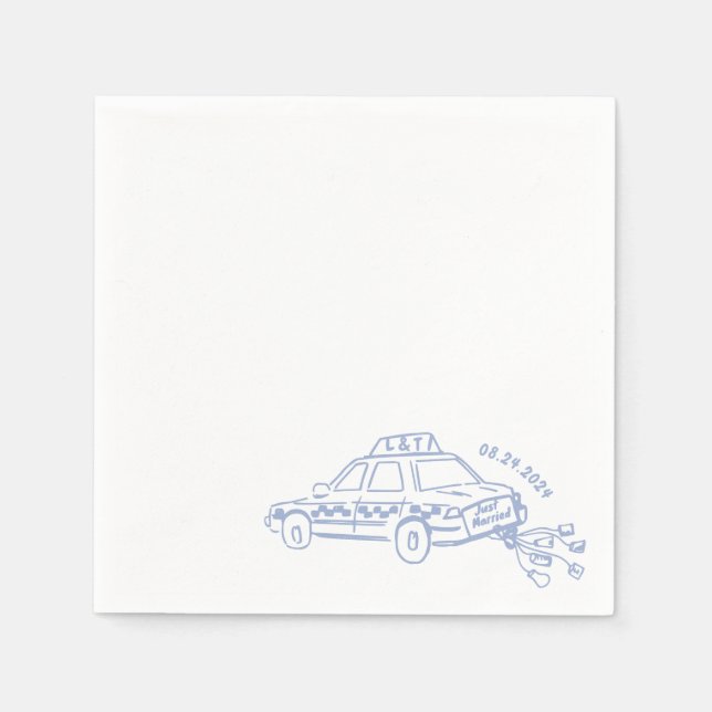 Hand Drawn Just married taxi Cocktail Wedding  Napkins (Front)