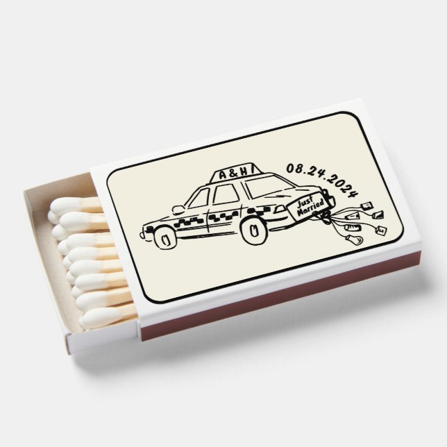 Hand Drawn Just married taxi wedding Matchboxes (Front Open)