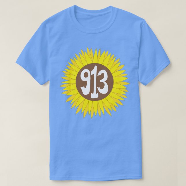 Hand Drawn Kansas Sunflower 913 Area Code T-Shirt (Design Front)