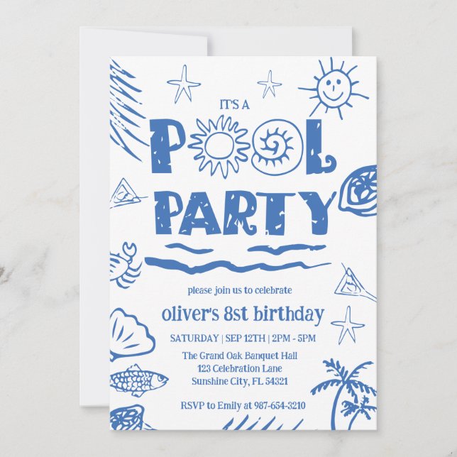 hand drawn Kids Pool Party,Swim Party Invitation  (Front)