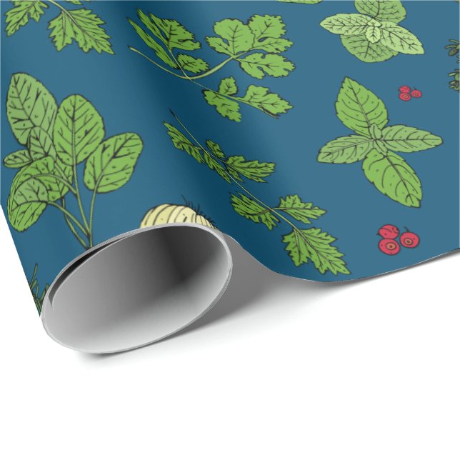 Hand Drawn Kitchen Culinary Herbs Pattern Wrapping Paper (Roll Corner)