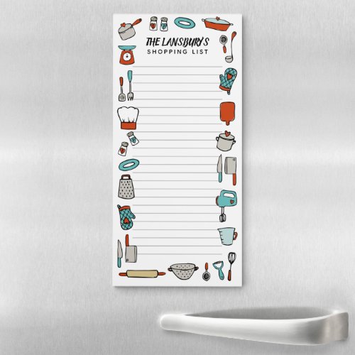 Hand Drawn Kitchenware Lined Grocery Shopping List Magnetic Notepad