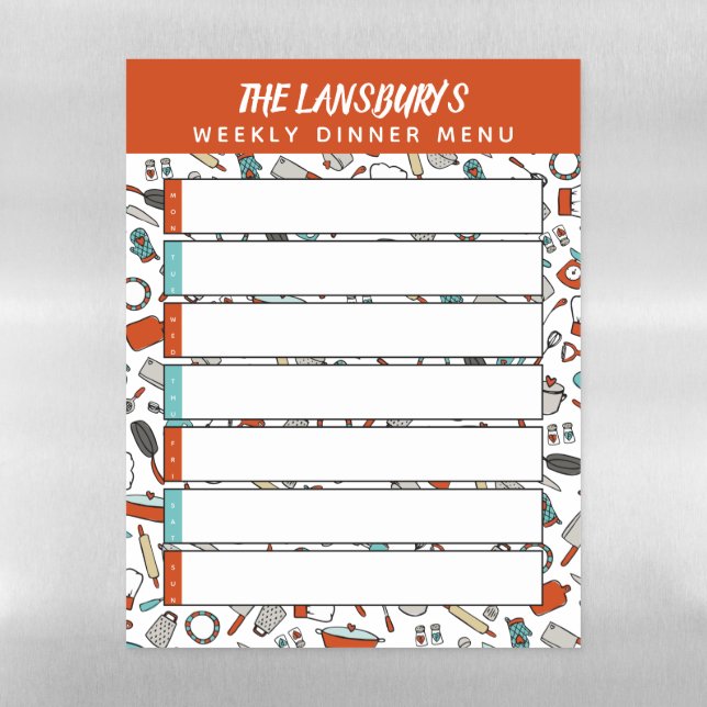 Hand Drawn Kitchenware Weekly Dinner Menu Magnetic Dry Erase Sheet (Vertical)