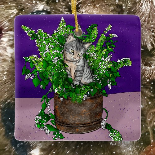 Hand drawn Kitten sitting in Catnip Christmas Ceramic Ornament