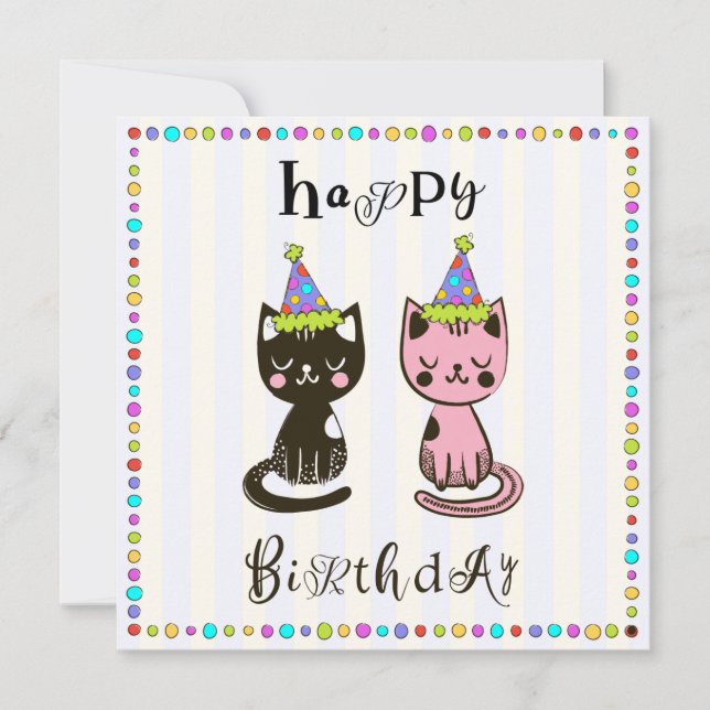 Hand Drawn Kitties Happy Birthday Template (Front)