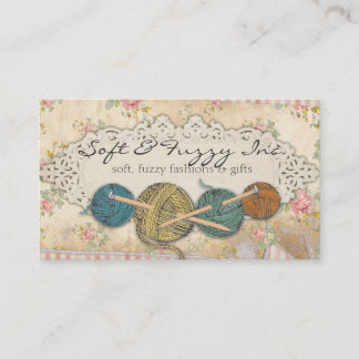 hand drawn knitting needles balls of yarn vintage business card