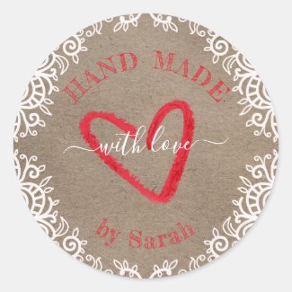 Hand Drawn Lace On Kraft Paper Made With Love Classic Round Sticker